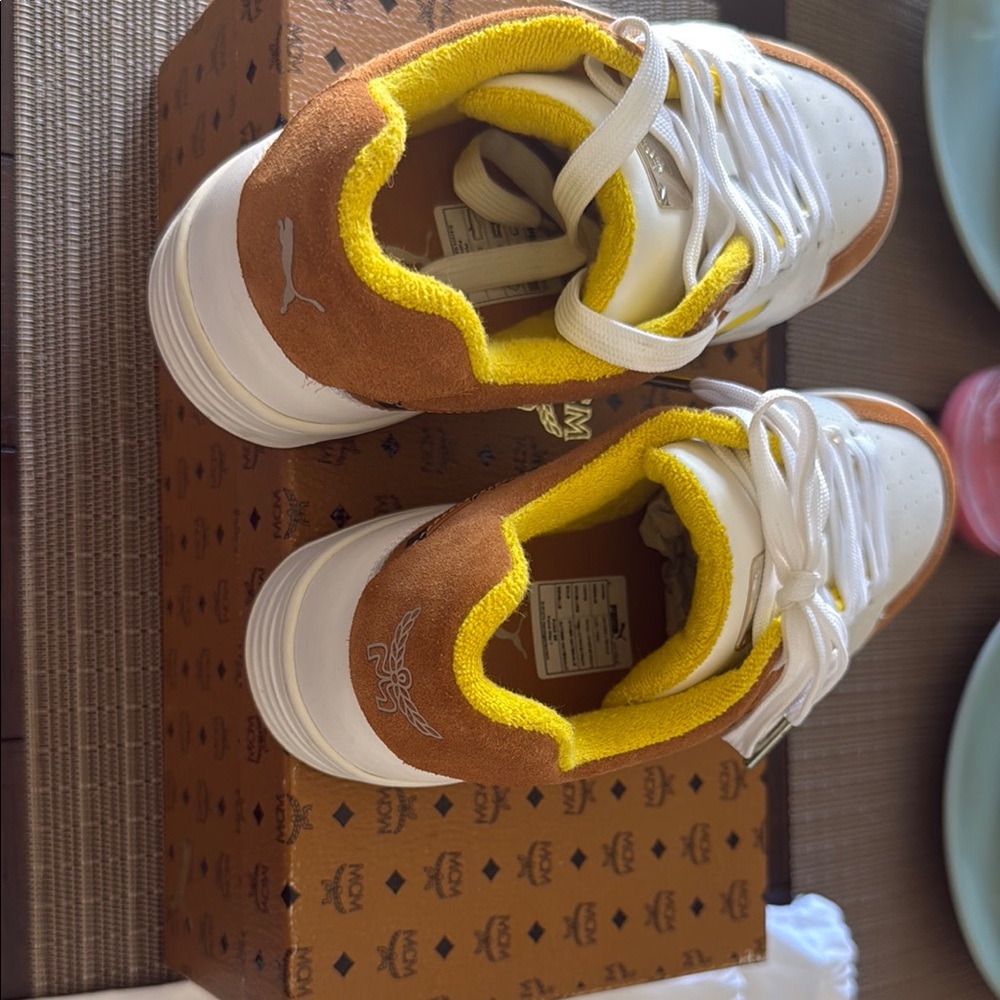 Puma White Sneakers with Brown Suede Accents and Yellow Lining